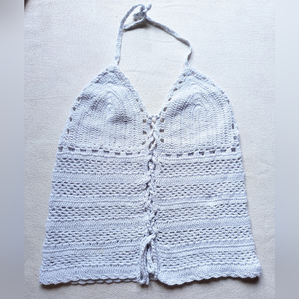 Crochet Halter Top in Light Gray/White Small Adjustable Front Size Small- medium